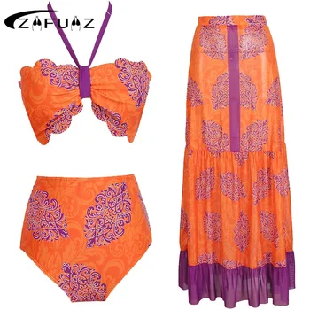 ZAFUAZ 2023 Seksualus Bikini Sijonas maudymosi kostiumėlį 3pc Moterų Spausdinti Nėrinių maudymosi Kostiumėliai, Moterų Push Up Bikinis Plaukimo Maudymosi Kostiumą Paplūdimio