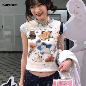 Karrram Y2k Estetikos Viršūnių Japonijos Harajuku T-shirt 2000-ųjų Kawaii Katė Spausdinti Trumpas Rankovėmis Tee Marškinėliai Fairycore Kratinys Marškinėlius