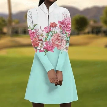 Ilgomis rankovėmis teniso suknelė, moteris su gėlių modelio, labai tinka lauko veikla, rudenį, 2024.