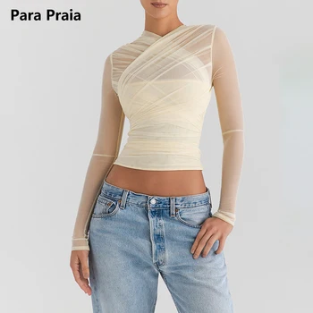 Para Praia Vien Akies ilgomis Rankovėmis Sexy marškinėliai Moterims iki 2023 m. Rudenį Naujų V Kaklo su Užtrauktuku Sluoksniuotos Liesas Klubas Šalies Seksualus Viršūnės