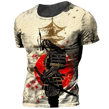 2023 Derliaus Japonijos Samurajų vyriški Marškinėliai O-Kaklo Medvilnės trumpomis Rankovėmis Viršūnes 3D Spausdinimo Negabaritinių Punk Streetwear Vyrų Drabužiai Tees