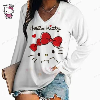 Moteriški marškinėliai Mergaitėms Hello Kitty Spausdinti Grafinis Marškinėliai Pavasario Mados Atsitiktinis Gatvės ilgomis Rankovėmis Viršūnes Tees Moterų Y2k Viršų