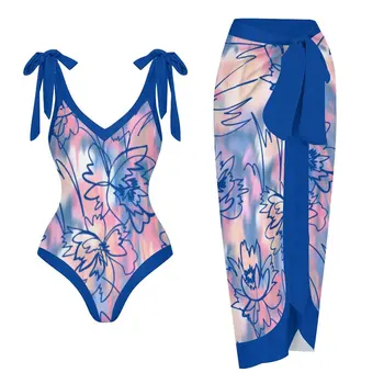 Maudymosi kostiumėlį 2023 Moterų V-Kaklo Aukštos Juosmens Suspender Bikini All-in-One Naršyti Kostiumas Linija Gėlių Spausdinti Paplūdimio Lankas Nėrinių Padengti Iki