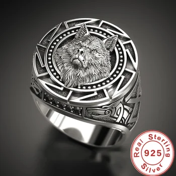 925 Sterlingas Sidabro Žiedas Šviesą Vilko Totemas Tailando Sidabro Žiedas Kariai Vilkas Galvos Vyrų Žiedas