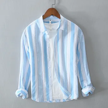 2023 Vyrų Japonijos Šviežių Dryžuotų Spalvų Marškinėliai Jaunimo Atsitiktinis ilgomis Rankovėmis Dryžuotas Marškinėliai