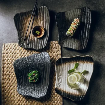 1PCS 10-colių kūrybinės keramikos suši plokštė Japoniško stiliaus nereguliarus, plokštieji Juoda pusryčiai plokštė Namų virti patiekalas, užkandis plokštė