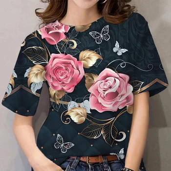 Vasaros moterų marškinėliai gėlių spausdinti viršūnes y2k mergaičių drabužius trumpomis rankovėmis mados negabaritinių t shirts 2023 atsitiktinis harajuku marškinėliai
