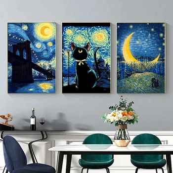 Mėlyna Abstraktaus Meno Van Gogh Žvaigždėtą Naktį Juoda Katė, Drobė, Tapyba Klimto Monet Vandens Lelija Kūrybos Gyvūnų Plakatas ir Spausdina Dekoras