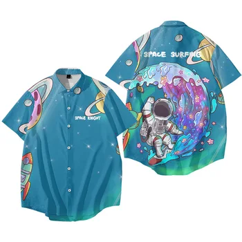 Animacinių Filmų Astronautas Vietos Banglenčių Spausdinti Vasaros Trumpomis Rankovėmis Beach Marškinėliai Mados Atsitiktinis Havajų Drabužių Streetwear Camisa