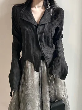 2023 Naujas Y2k Palaidinė Moterims Vintage Juodi Marškinėliai Gotikos Harjauku Plisuotos Mygtuką Iki Korėjos Tamsiai Stora Ilgomis Rankovėmis Estetinės Moteris