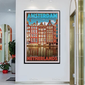Retro Vintage Stiliaus Kelionių Plakatas Amsterdamas, Nyderlandai Aliejaus Tapybai Plakatai ir Spausdinama ant Drobės, Sienos Menas Nuotraukas, Namų Dekoro