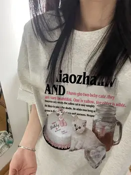 Japonų mados grynos medvilnės pilka kawaii katė spausdinti trumparankoviai marškinėliai moterims tingus stiliaus Y2K korėjos stiliaus atsitiktinis pora viršūnės