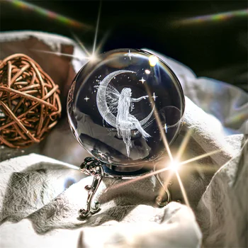 H&D 60mm Kristalų Mėnulio Fėja Dekoratyvinis Kamuolys Statulėlės 3D Lazeriu Graviruotas Elf Kristalų Visą Srityje su Stovu Stiklo Prespapjė