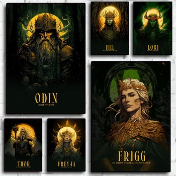 Šiaurės šalių mitologija plakatai ir nuotraukos mitologija Skandinavijos dievų paveikslai tapyba ODIN THOR LOKI HEL FRIGG FREYJA sienos meno apdaila