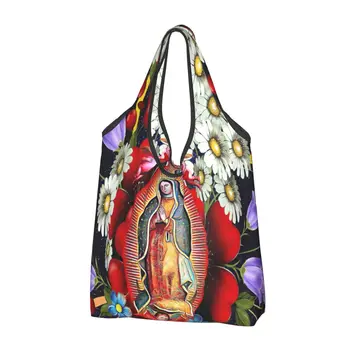 Our Lady Of Guadalupe Pirkinių Krepšys Moterims Nešti Maišą Nešiojamų Meksikos Mergelės Marijos Meksika Gėlės Tilma Bakalėja, Shopper Bags