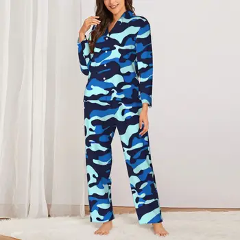 Mėlyna Camo Spausdinti Pajama Komplektai Rudenį Kariuomenės Kamufliažas Mielas Naktį Sleepwear Moterų 2 Vnt Atsitiktinis Negabaritinių Modelis, Naktiniai Drabužiai