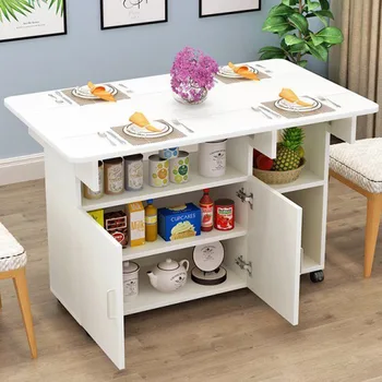 Mažame bute lankstymo valgomasis stalas ir kėdės derinys multi-layer mobiliojo saugojimo spintelės, valgomasis stalas