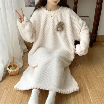 Vilnos Pižamą Sleepwear Moterų Dinozaurų Naktį Suknelė Vienos Dalies Pižama Korėjos Stiliaus Atsitiktinis Žiemos Kelio Ilgis, Namų Drabužiai