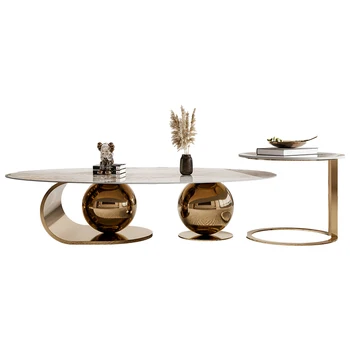 Italijos šiferis dydžio kavos staliukas derinys ovalo formos šviesos prabanga kambarį post-modernus minimalistinio nerūdijančio plieno