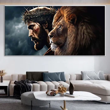Liūtas ir Jėzaus Plakatą, Drobė, Tapyba Sienų Apdailai Religinių Krikščionių Menas Spausdinti Nuotraukas Modernių Namų Kambarį Apdaila