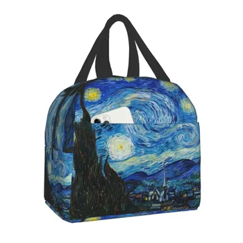 Van Gogh Žvaigždėtą Naktį Izoliuoti Pietūs Tote Krepšys Moterims Mokyklos Nešiojamų Šilumos Aušintuvas Migdolų Žiedai, Gėlės, Meno Priešpiečių Dėžutė