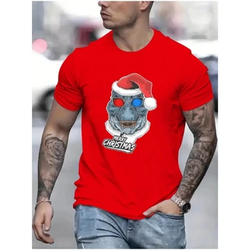 Linksmų Kalėdų Vyrai Tee Marškinėliai Naujas Kalėdų Žmogaus T-Shirt Animacinių Filmų Dinozaurų Spausdinti Tee Viršūnes Negabaritinių Trumpas Rankovės Vyrų Marškinėlius