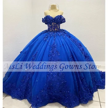 Mėlyna Quinceanera Suknelės Blizgučiais Appliques Brangioji Princesė Kamuolys Chalatai Oficialią Šalies Promenadzie Suknelė Vestidos De 15 Quinceañera