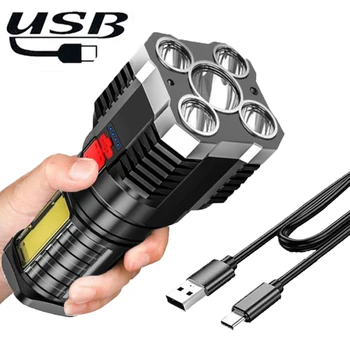 USB Įkrauti 5LED High Power Led Nešiojamas Žibintuvėlis Dėmesio centre su šoniniu Šviesos 3 Apšvietimo Režimus, Stovyklauti Lauko