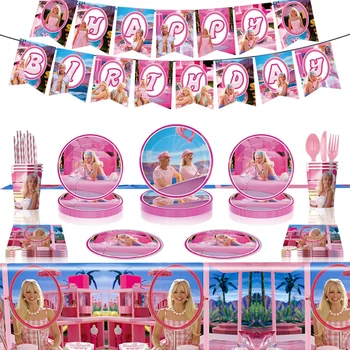 Disney Barbie Šalies Prekių Gimtadienio Sukaktį Namuose Šalis Dekoro Vienkartiniai Indai, Popieriniai Plokštės Servetėlės, Staltiesė